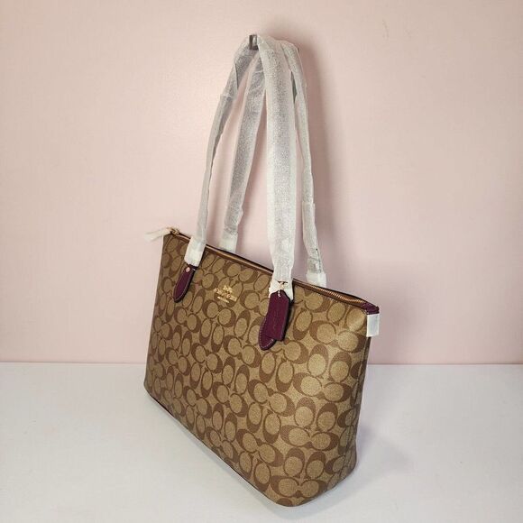 NWT COACH CH504 Gallery Tote in Signature Canvas & Leather Khaki Deep Berry - Picture 4 of 6